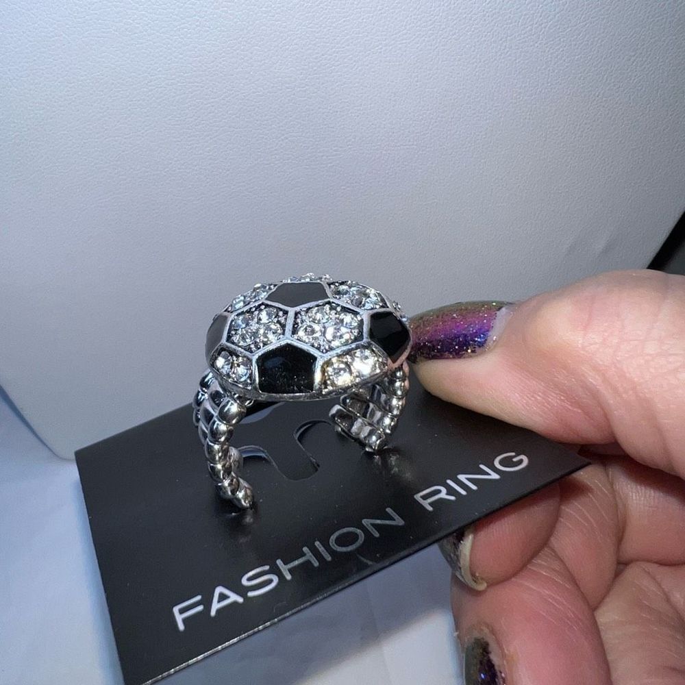 Ladies Black With Clear Rhinestone Soccer Stretch Ring - Picture 3 of 6
